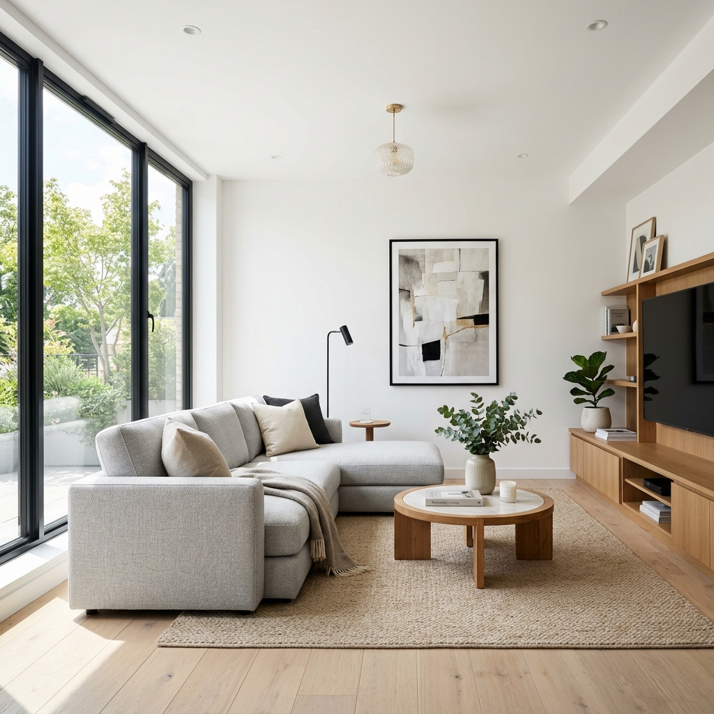 Sofa perfeitamente limpo em uma sala de estar moderna e iluminada